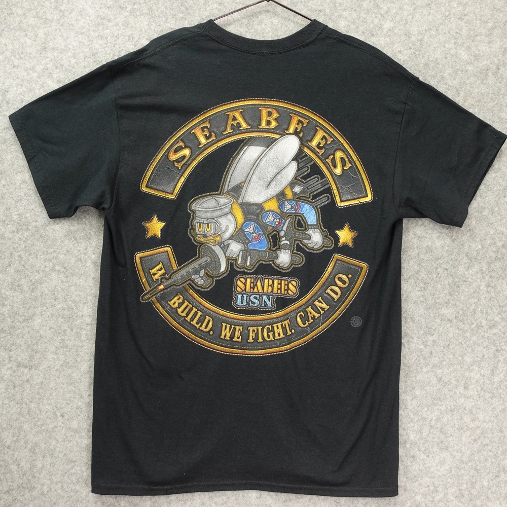 Seabees USN T Shirt Mens L Black Fighting Bee Slogan Military Biker Moto Club
